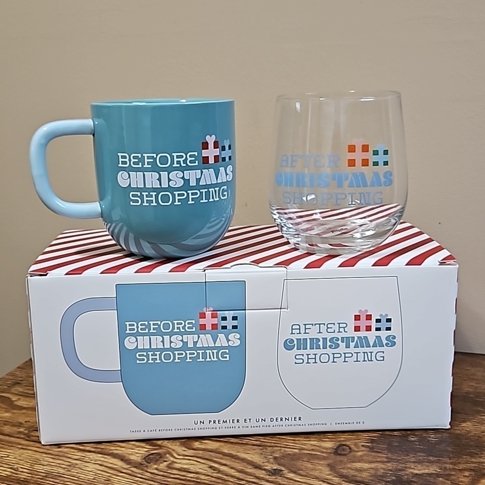 Indigo Christmas First and Last Call Set of Coffee Mug and Stemless Wine Glass